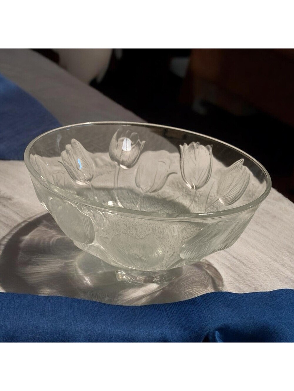 Lenox Teleflora Tulip Bowl Clear Glass Serving Fruit 7 1/4” X 3” Floral Vintage